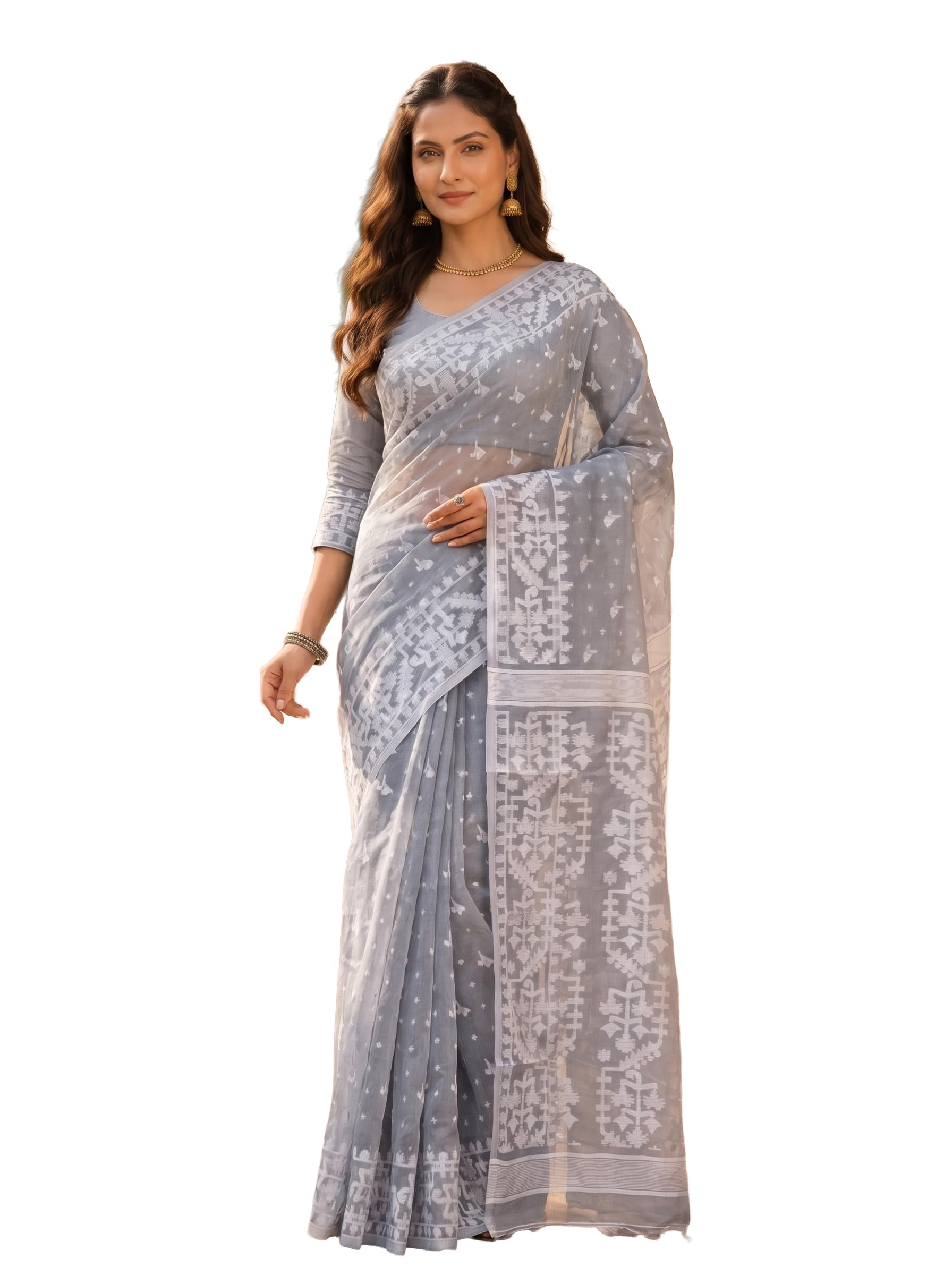 My Story Woven Jamdani Handloom Cotton Blend Saree with Blouse Piece – Traditional Soft Bengal Saree for Women – Lightweight Handloom Cotton Blend Saree-image-26