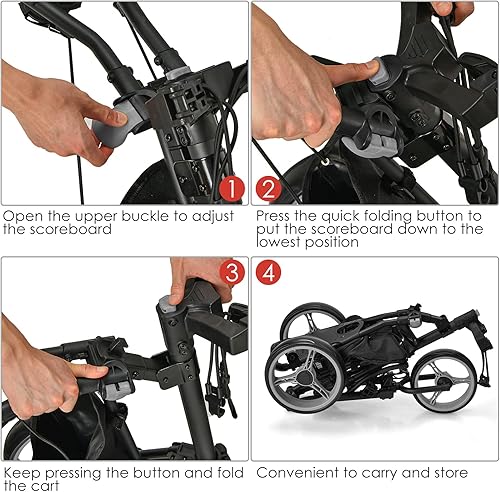 Miniatura 3 de GYMAX Carrito de golf, 3 ruedas de aluminio plegable de altura ajustable con soporte para paraguas y bolsa impermeable, portátil, ligero, de
