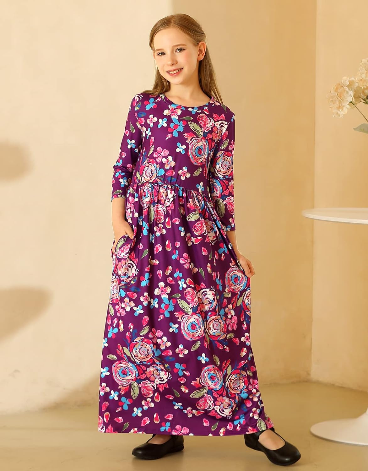 KYMIDY Girls Short Sleeve Floral Dress Kids Boho Casual Twirly Skater Dress with Pockets for Girls 6-13 Years - Image 3