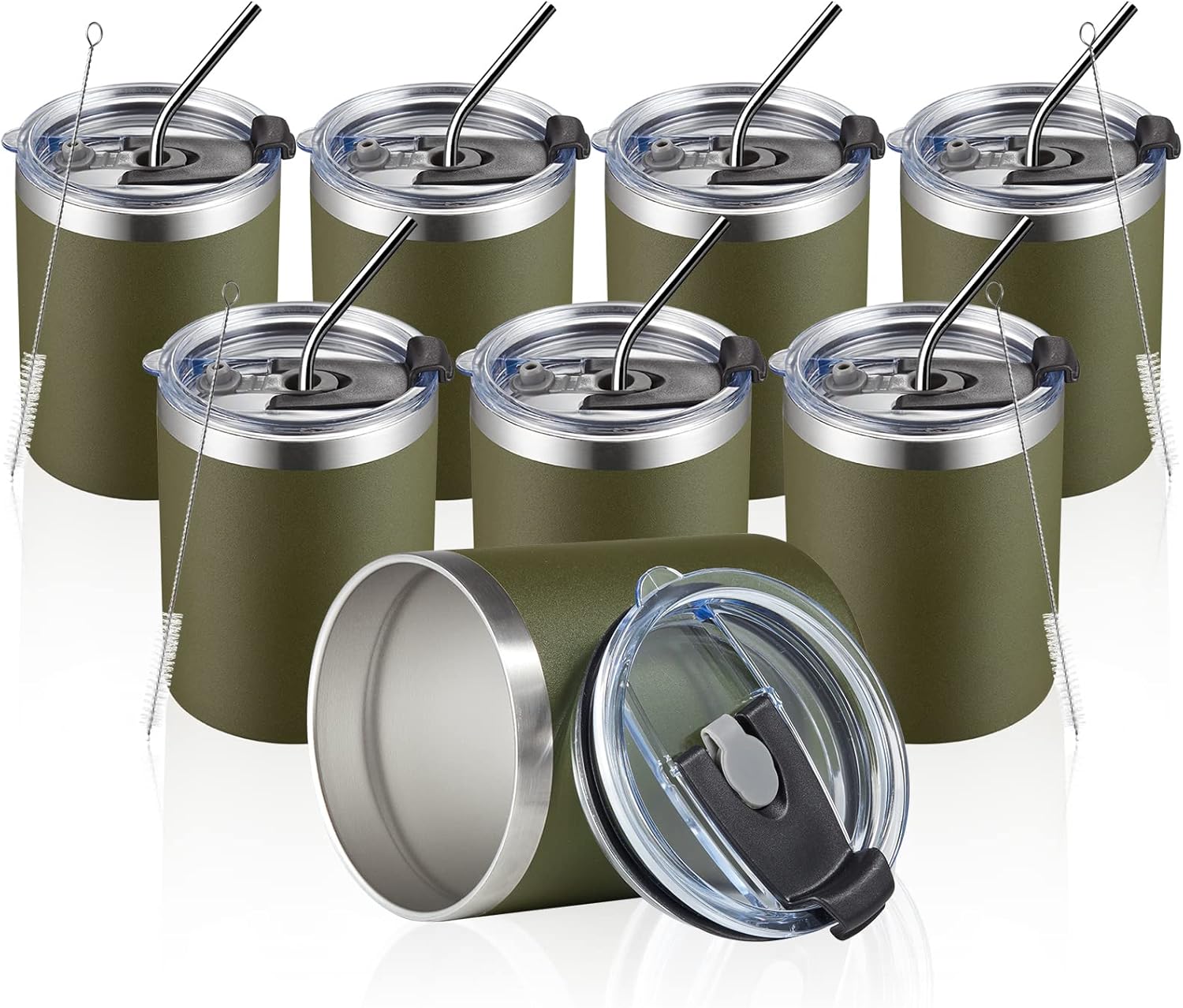 MEWAY 12oz/8Pack Coffee Mug With Lid, Insulated Stainless Steel Reusable Coffee Cup, Double Wall Durable Coffee Mug, Powder Coate,For Coffee, Beer, Home, Office(Army Green,8 Pack)