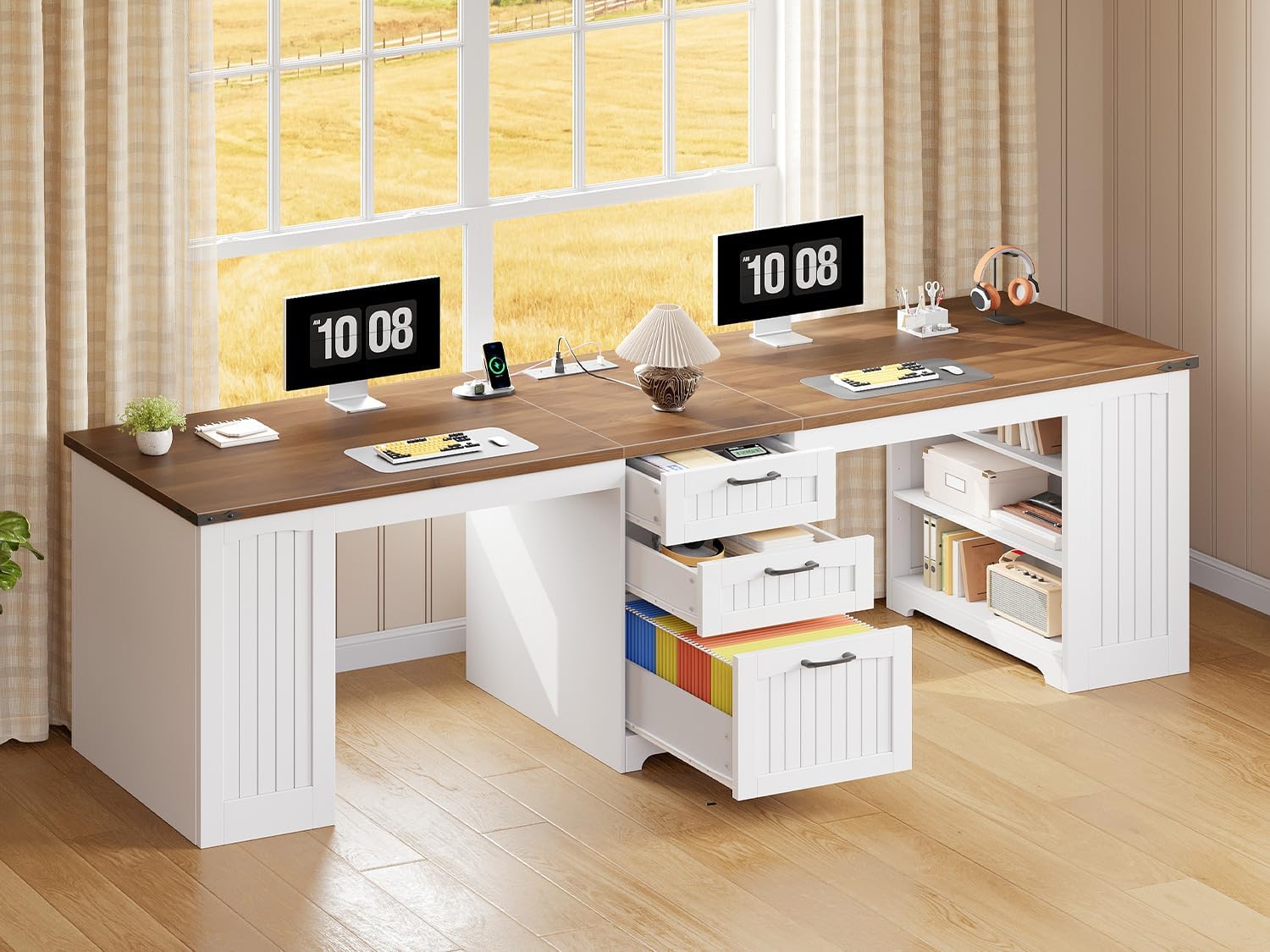 HOOBRO 94.5" Computer Desk with Power Outlet, 2 Person Office Desk with Drawers, Farmhouse Double Desk for Home Office, A4/Letter Size, Adjustable Shelves, White and Walnut WH240UDN01
