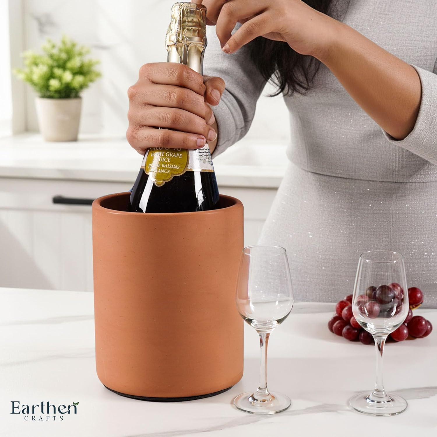 Enfriador de vino de terracota de 6.5 pulgadas de arcilla natural | Soporte aislado para botellas de vino y champán para botellas de vino sin hielo para accesorios de bar