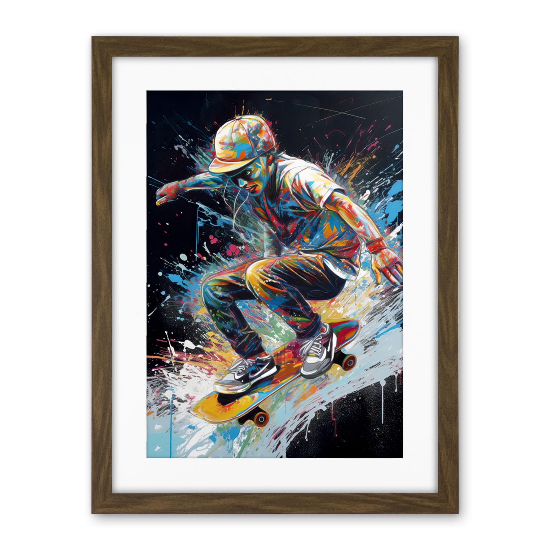 Artery8 Skateboarder Skating Multicoloured Splat Paint Artwork Framed Wall Art Print 18X24 Inch