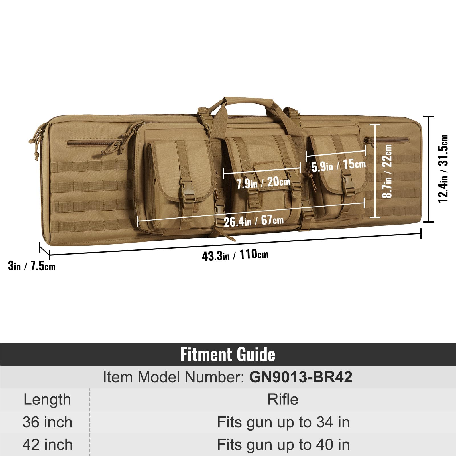 VEVOR Estuche para Rifle Bolsa Táctica Larga para Transporte de Armas 107cm con Sistema MOLLE Funda para Rifle con Correa para Hombro Cremallera con Cerradura para 2 Rifles 102cm y 2 Pistolas, Marrón