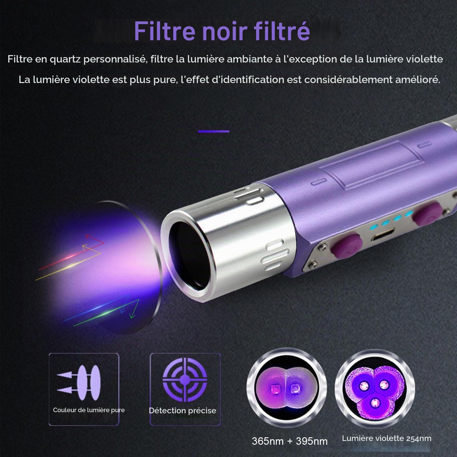 Lampe de Poche UV Triple Onde 254 Nm/365 Nm/395 Nm, Lumière Noire 3 W pour la Chasse aux Minéraux, Détection de Contrefaçon, Authentification de Bijoux et D'art