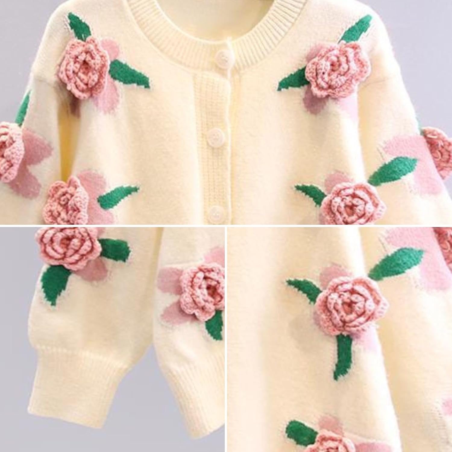 FindThy Women’s Kawaii 3D Floral Cardigan Long Sleeve Crewneck Knit Cardigan Sweaters - Image 4