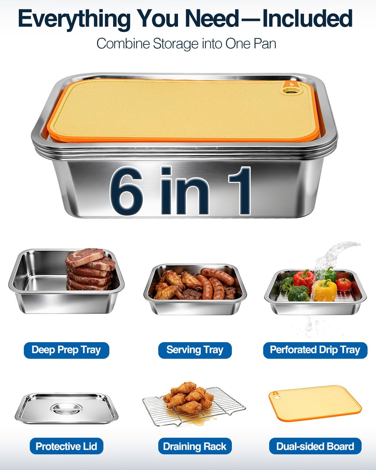 Grilling Prep and Serve Trays with Lid, Stainless Steel Extra Large Grill Carry System, Deep Marinating Container with Cutting Board for BBQ Outdoor Grilling, Pro Series