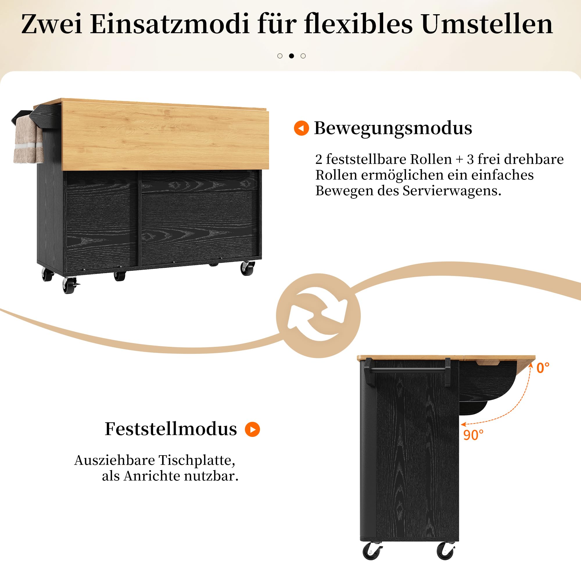Bladez Kücheninsel mit Rollen 130 cm Mobile Küchenzeile mit Ablage & Aufbewahrung Faltbare Tischplatte Verstellbare Regale Handtuchhalter Schwarz