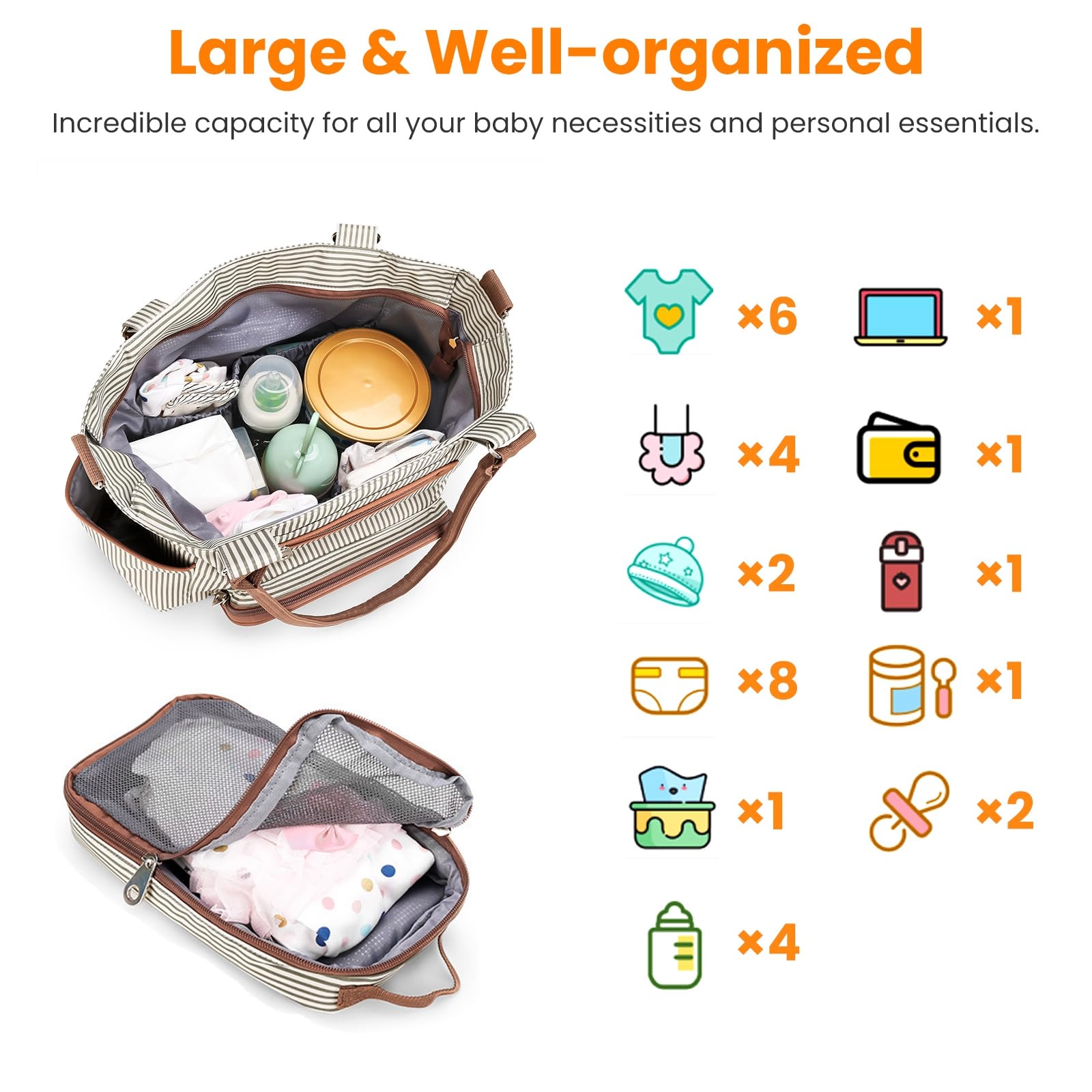 Moclever Juego de 8 bolsas de pañales, bolsa de bebé esencial para bebé, bolsas multifuncionales para cambiar pañales con bolsa de malla para biberones