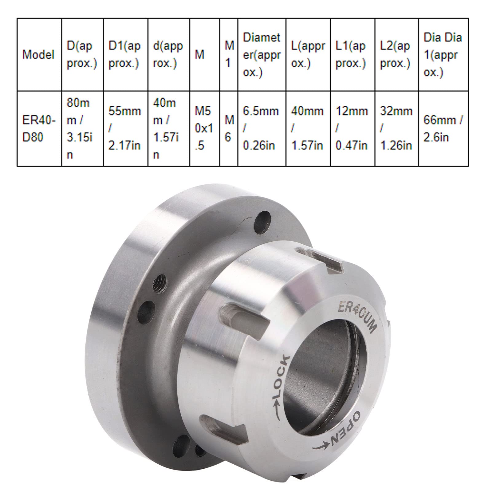 Portabrocas de sujeción, Repuesto Compacto para Torno de fresadora CNC ER40 de 80mm de diámetro para Torno de fresadora CNC de Acero al Carbono