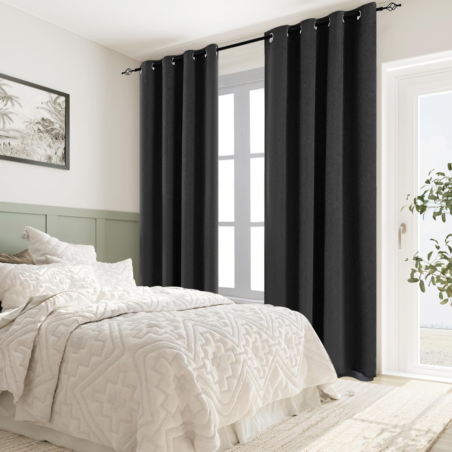 100% Black Linen Blackout Curtains for Bedroom,Black Out Curtains for Living Room,Double Layer Usable Room Darkening Curtains 96 inches Long,Bedroom Linen Curtains Blackout,52 Wide,2 Panels