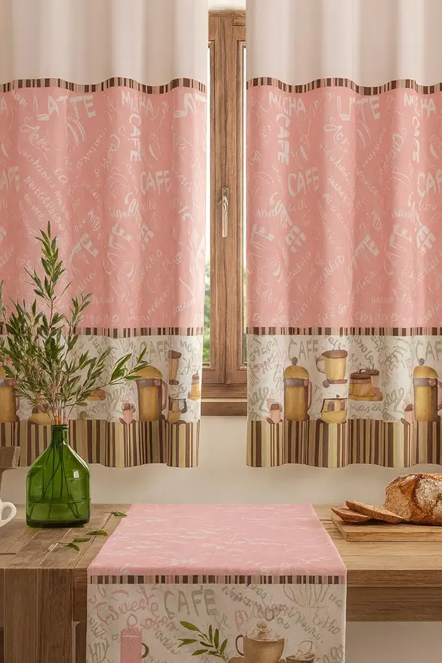 Cortina Cozinha Oxford 2,00x1,40 Estampada Cappuccino Janela Vitrô Ilhós Blackout Blecaute Decorativa Poliéster Varão (Cappuccino Rosa)