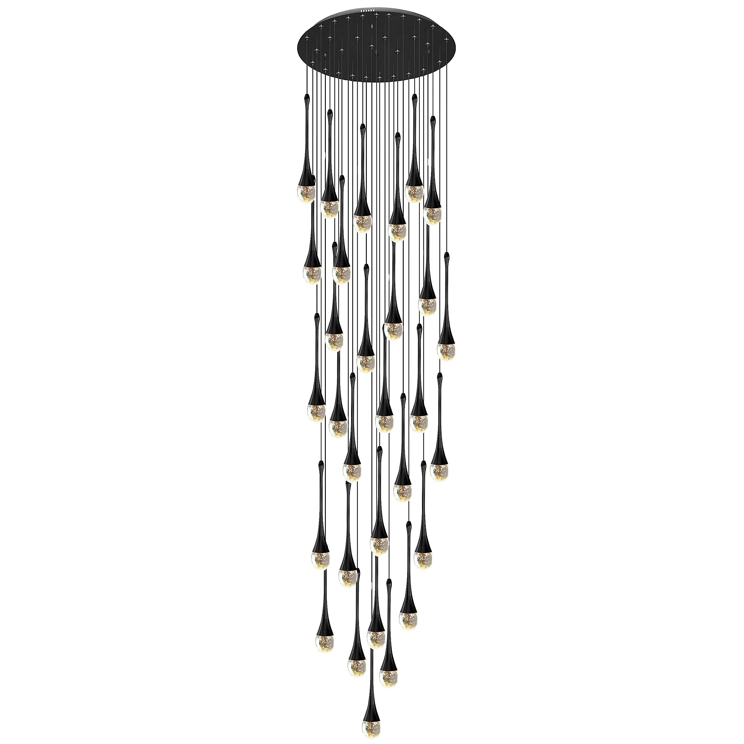 KXEcoLife 30-Light LED Chandeliers Dimmable 3CCT High Ceiling Crystal Pendant Lights Fixtures 19fts (6m) Raindrop Spiral Dome Long Chandelier For Foyer Entryway Stairwell Lighting