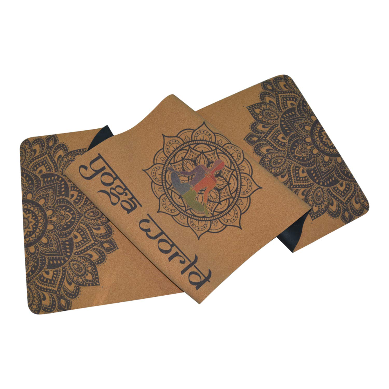 Yoga World Tapis de yoga Mandala en liège-Surface antidérapante et dessous antidérapant en TPE – Forte adhérence sur les surfaces humides et sèches – Coussin de sol doux -183 x 61 x 0.4 cm Multicolor