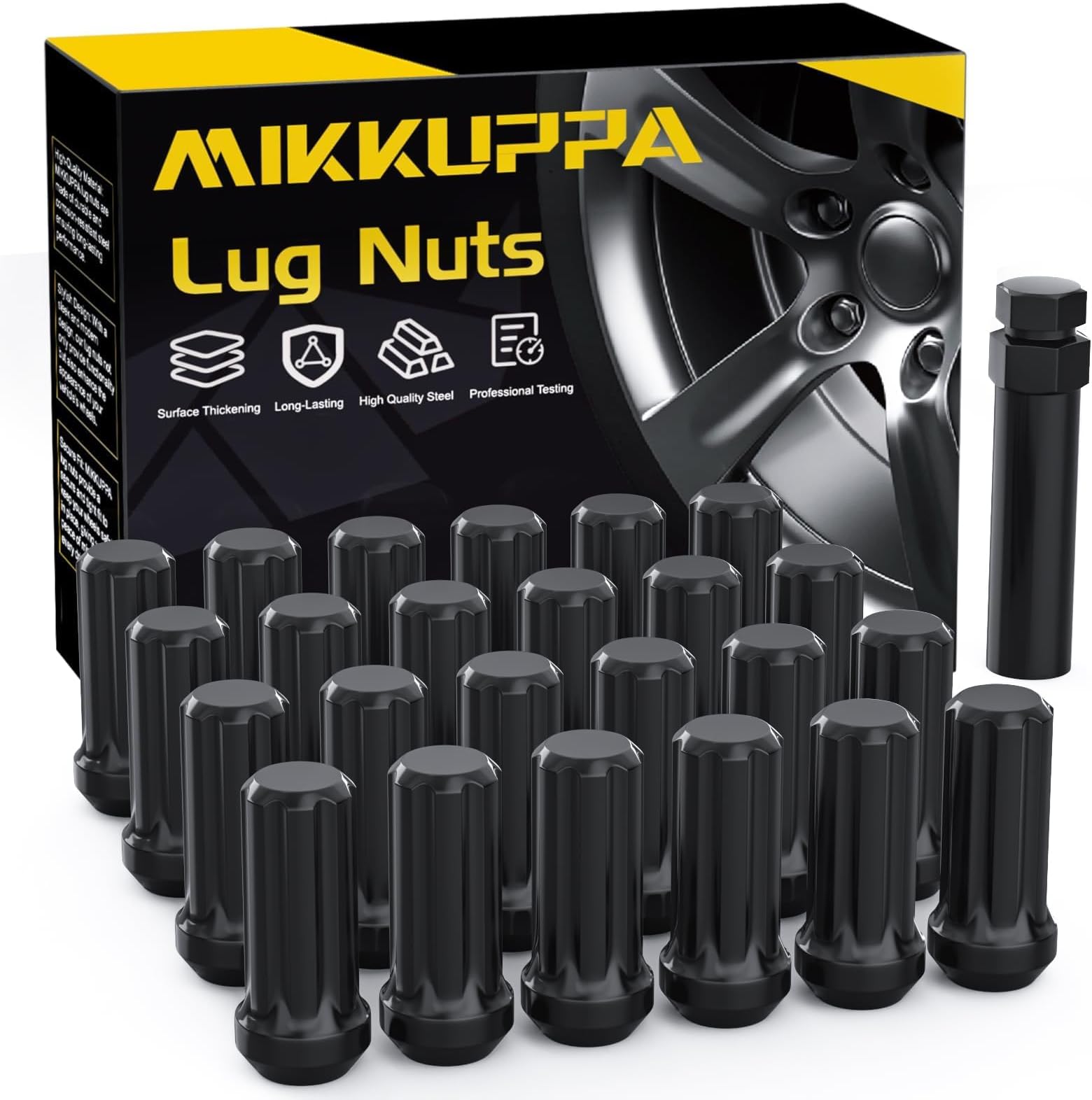 MIKKUPPA M14x1.5 Wheel Lug Nuts, Black 24PCS 2" Length 7 Spline Tire Nut