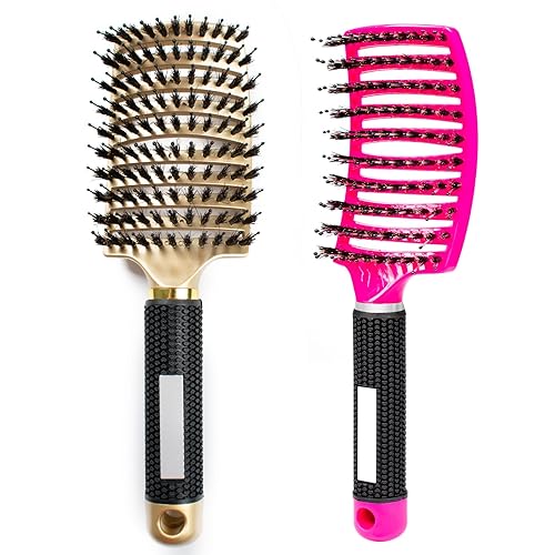 Cepillo desenredante de cabello húmedo para cabello rizado, paquete de 2 cepillos de pelo de cerdas de jabalí, cepillo desenredante curvado y