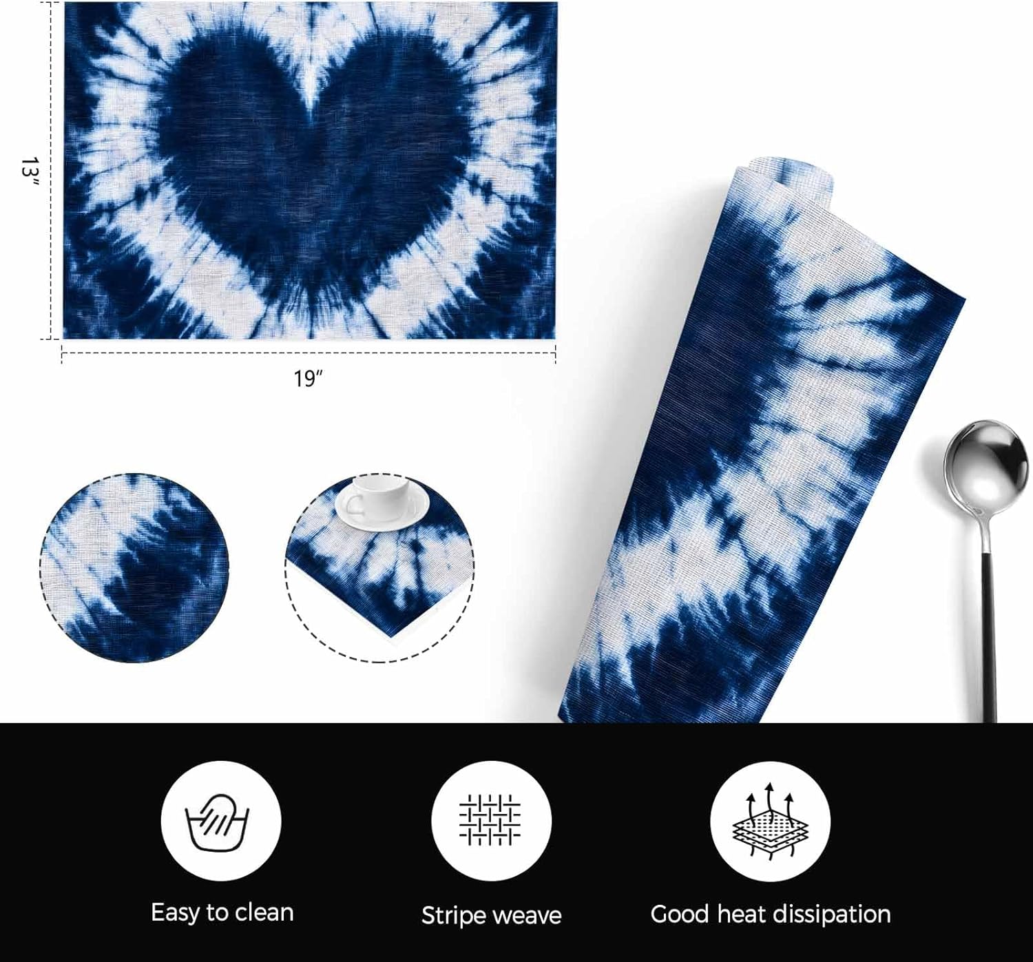 Blue Love Heart Placemats Set of 4, Washable PVC Kitchen Table Mats Place Mats, Boho Ethnic Modern Funny Tie Dye Art Woven Vinyl Placemat for Dining Table, 13" x 19"