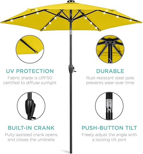 Vista 26 de Best Choice Products - Sombrilla solar de 7.5 pies para exteriores, patio, mesa, mercado, terraza, piscina con inclinación, manivela, luces LED