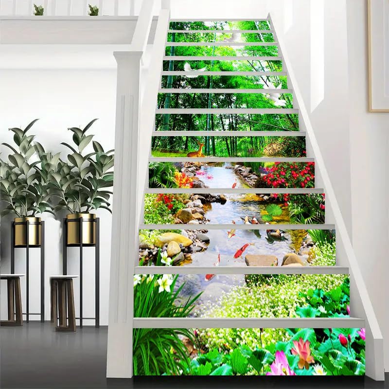 Miniatura 4 de artfanke 13 piezas de adhesivos para escalones - Adhesivo de escalera 3D de bambú en flujo Peel and Stick de vinilo - Calcomanías para escaleras