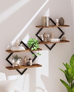 Choezon 2-Tier Floating Shelves Set of 2 - Rustic Brown Wall Mounted Hanging Shelves for Living Room, Bedroom, Kitchen, Easy Install TBJ01P2BF