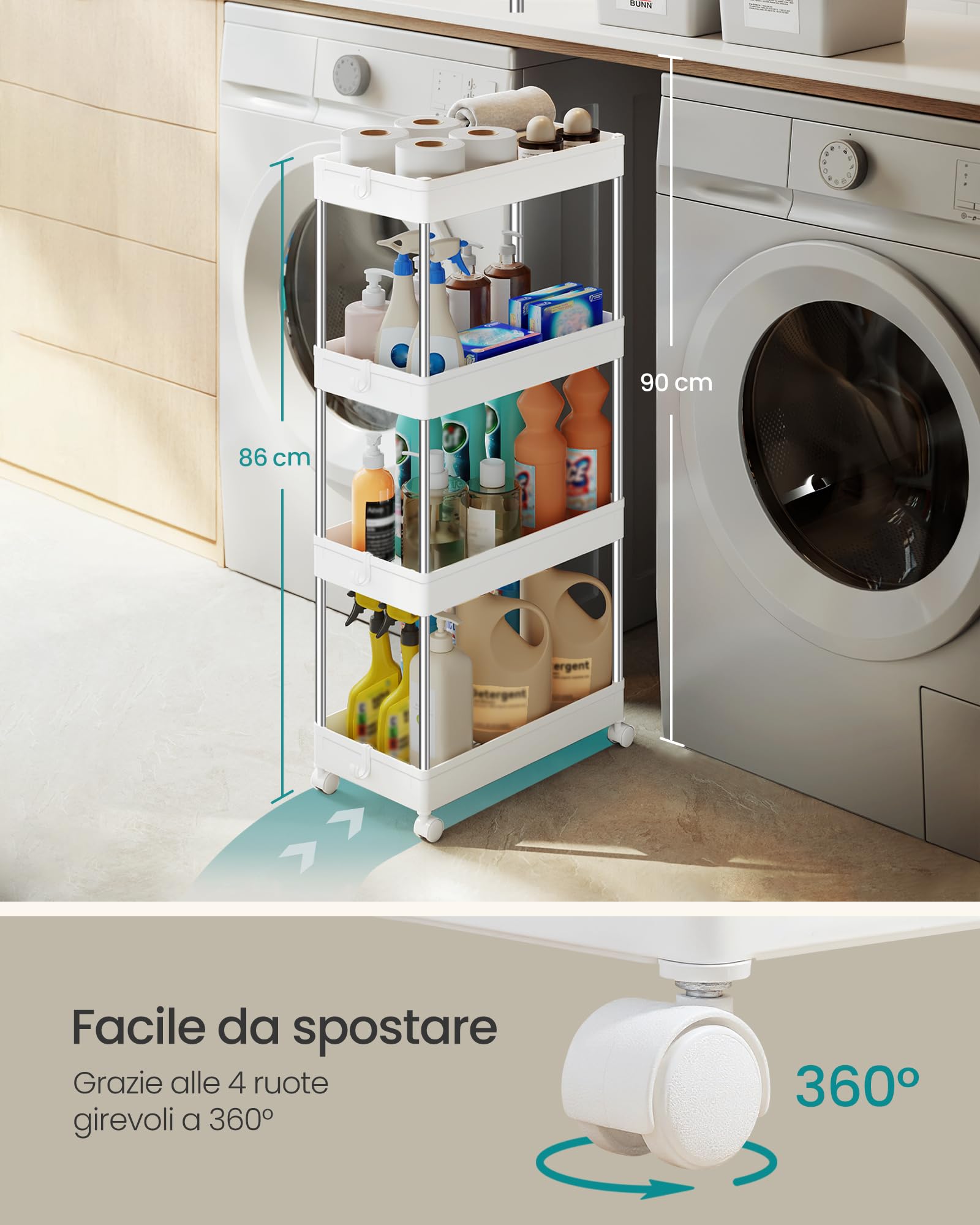 Carrello Cucina A 4 Ripiani Con Ruote 360° – Acciaio Carbonio E PP, 40x18x101 Cm, Nero, Per Bagno, Ufficio, Lavanderia, Carico Max 20 Kg