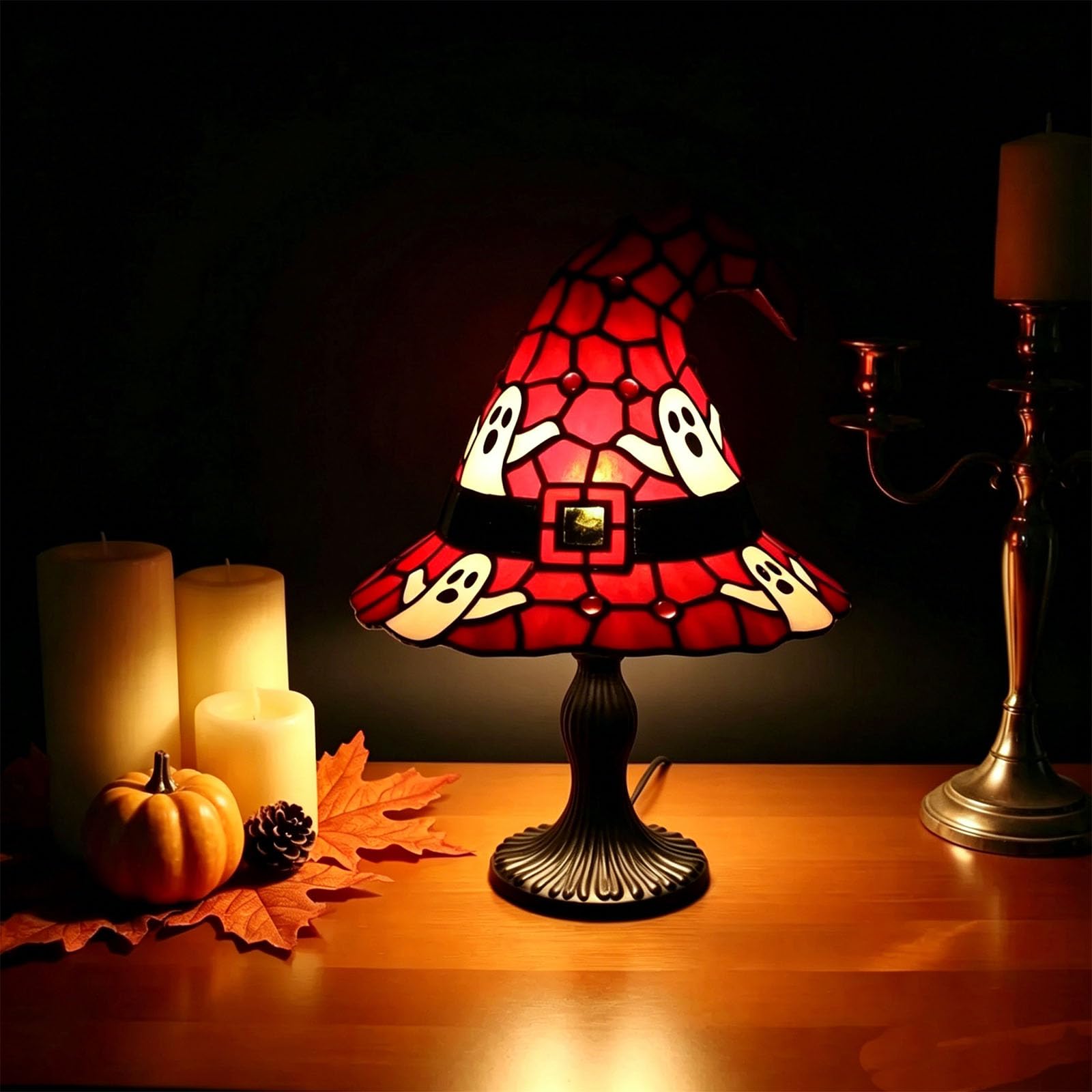 PVCFJYH Stained Glass Witch Hat Lamp-halloween Decorations, Handcrafted Retro Resin Witch Lamp, Gothic Wizard Hats Night Light, Stained Glass Lamps for Bedroom, Bookshelf and Room Aesthetics