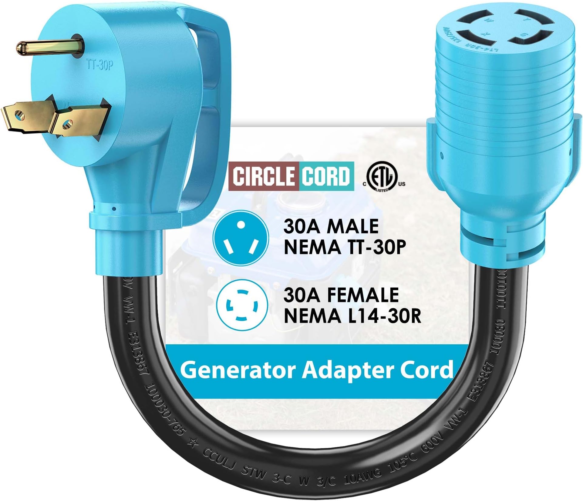 CircleCord NEMA TT-30P to L14-30R Adapter Cord, 30 Amp 3 Prong to 4 Prong Generator Plug Adapter, Generator Transfer Switch Adapter, Generator to House Inlet Box, STW 10 AWG Blue, ETL Listed