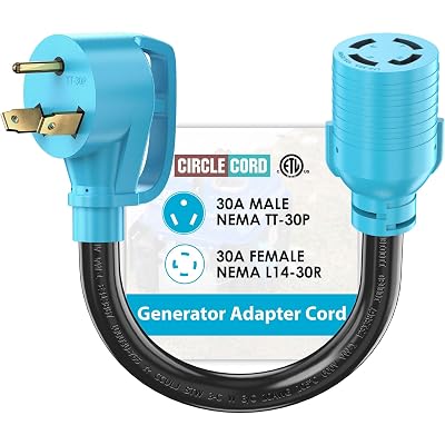 CircleCord NEMA TT-30P to L14-30R Adapter Cord, 30 Amp 3 Prong to 4 Prong Generator Plug Adapter, Generator Transfer Switch Adapter, Generator to House Inlet Box, STW 10 AWG Blue, ETL Listed