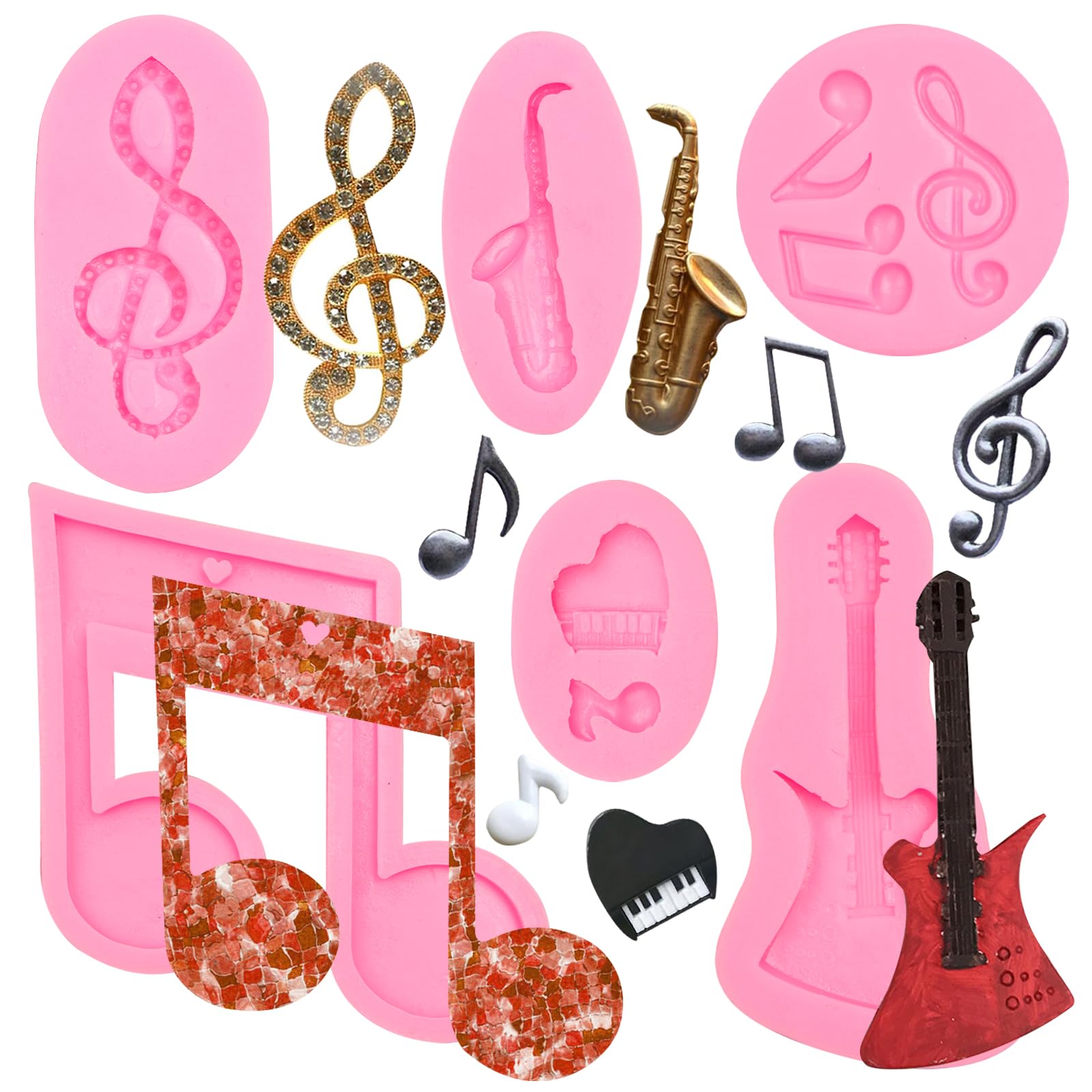 Musical Note Silicone Molds 6 Pcs, Music Theme Fondant Molds, Guitar Mini Musical Instruments Saxophone Piano Violin Candy Mold for Cake Decoration