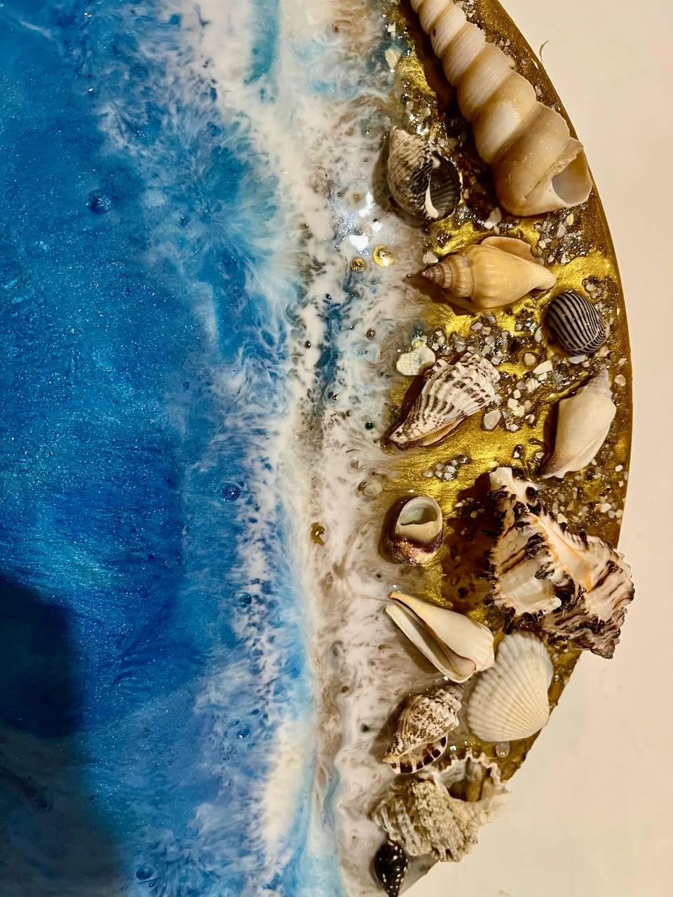 Round ocean waves wall art, circle epoxy resin art work, beach and shells wall decor, blue geode art by Ukrainian artist (D 12 in)