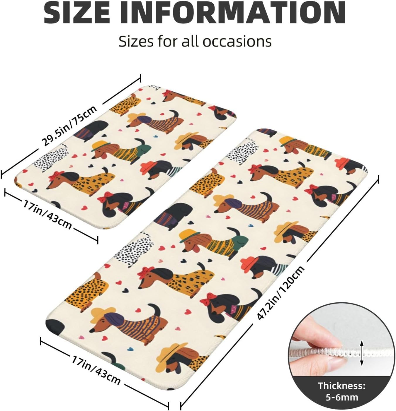 Cute Colorful Dachshund Print Kitchen Rugs Sets of 2 Non Slip Washable, Anti Fatigue Kitchen Mats for Floor, Home Decor