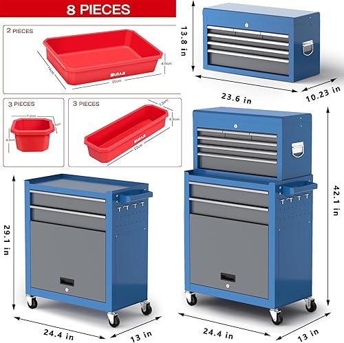 Miniatura 5 de Caja de herramientas de 8 cajones Caja de herramientas grande con ruedas de 42 pulgadas Caja de herramientas de metal superior desmontable