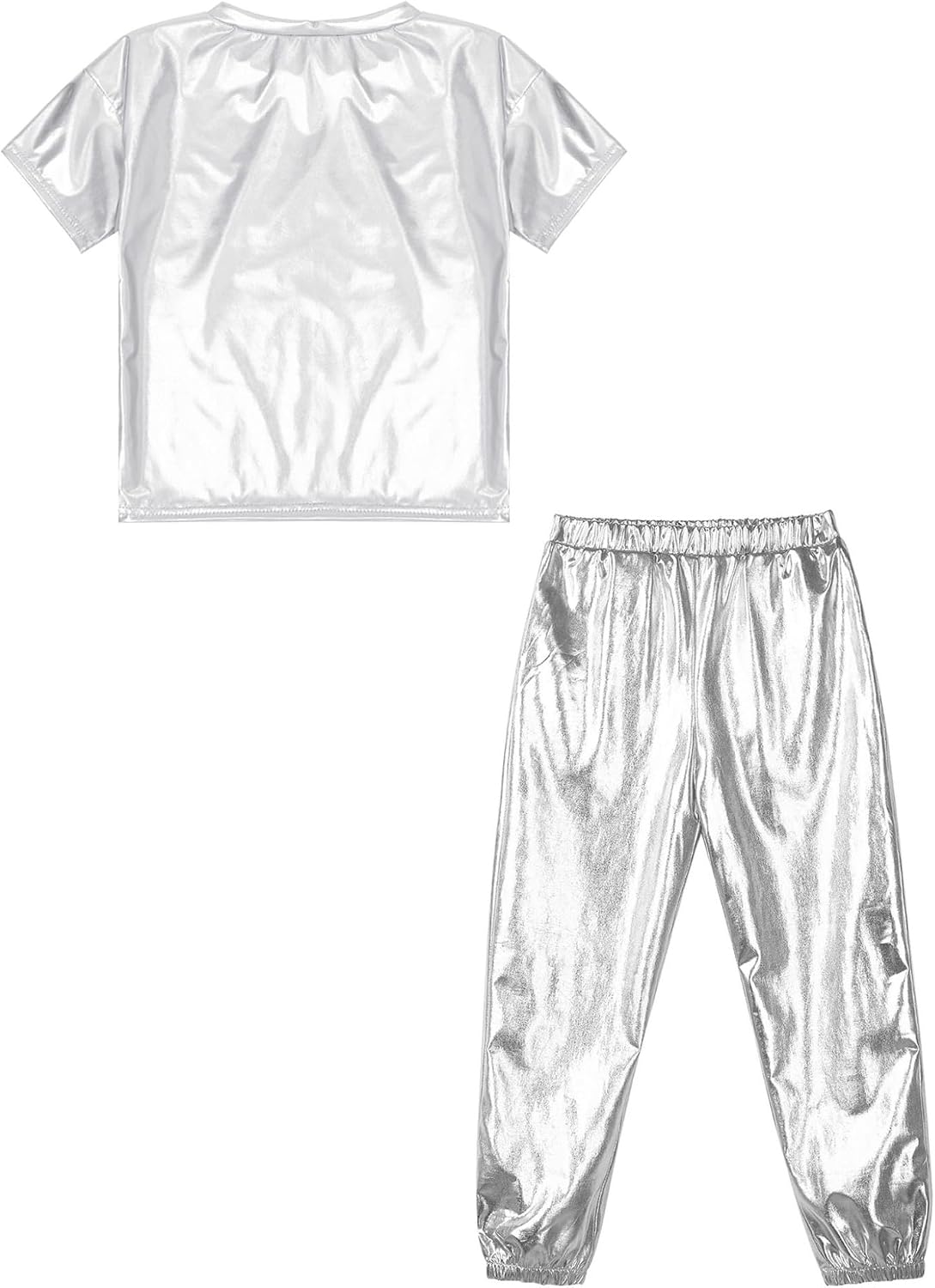 Kids Girls Boys Shiny Dance Costume Leather Short Sleeve T-Shirts with Jogger Pants Set 2 Piece Sports Outfits