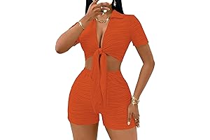 Sexy 2 Piece Women Set Bodycon Jumpsuit Tie Front Summer Short Jumpsuit Set