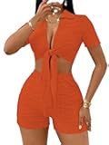 MSLG Women's Sexy 2 Piece Set Solid Summer Bodycon Suit Casual Tie Front Short Sleeve V Neck Crop Top Shorts Outfits Sets S42