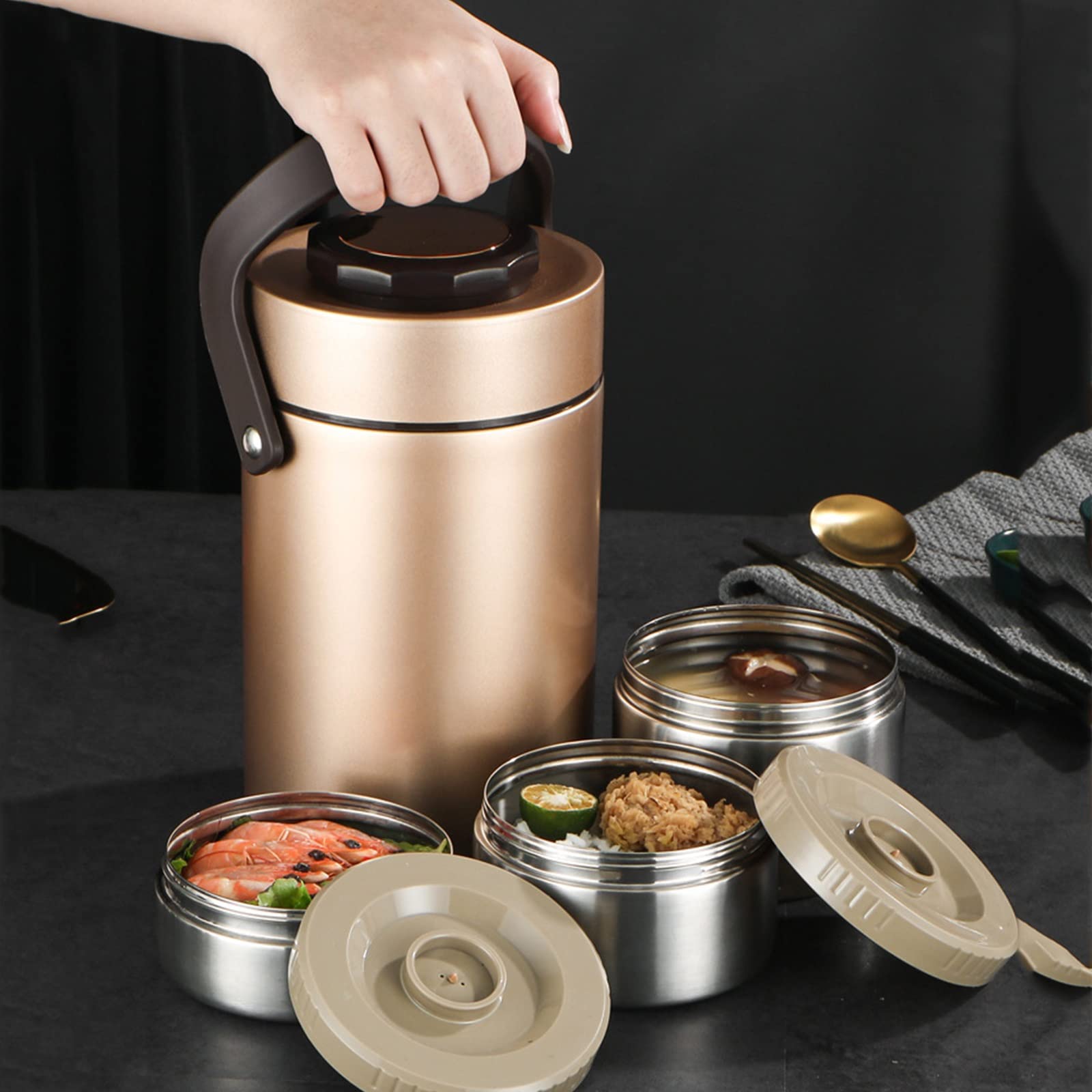 LFFH Tarro De Comida Aislado Apilable, Recipiente De Sopa A Prueba De Fugas De Acero Inoxidable Al Vacío For Termos De Almuerzo De Boca Ancha For Comida Caliente LYWY (Color : Gold, Size : 1.5L)