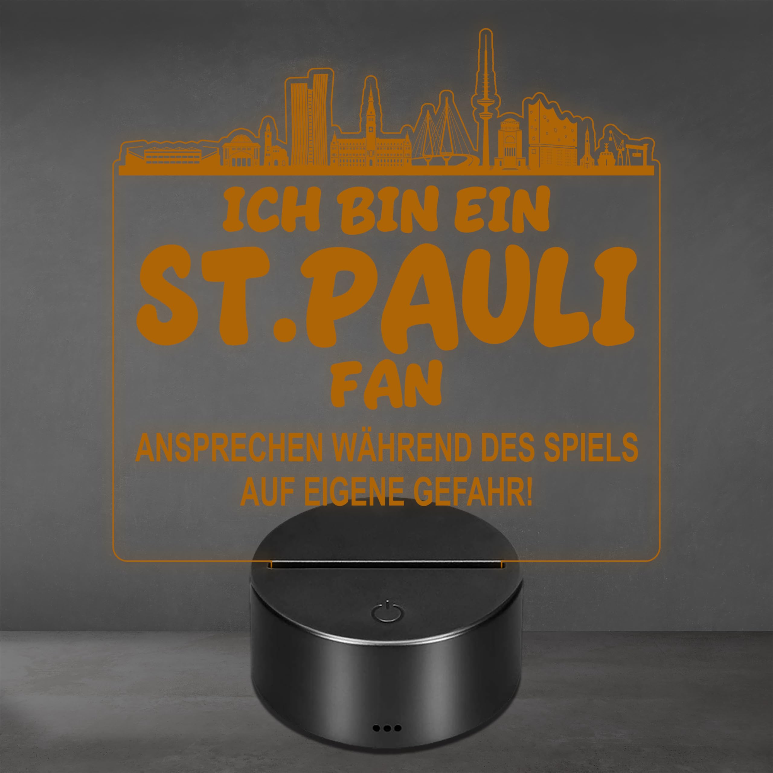 Lieblingsmensch St. Pauli Fan Fußball LED Nachtlicht – 3D Skyline Design „Ansprechen auf eigene Gefahr“ – RGB Farbwechsel mit Fernbedienung & Touch – Stimmungslicht für die Man Cave – 19x23cm
