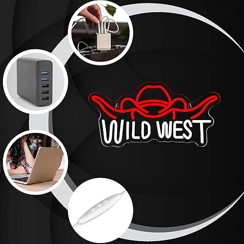 Miniatura 4 de Letrero de neón del salvaje oeste, letreros LED regulables con sombrero de vaquero para decoración de pared, diseño de vaquera, arte de pared