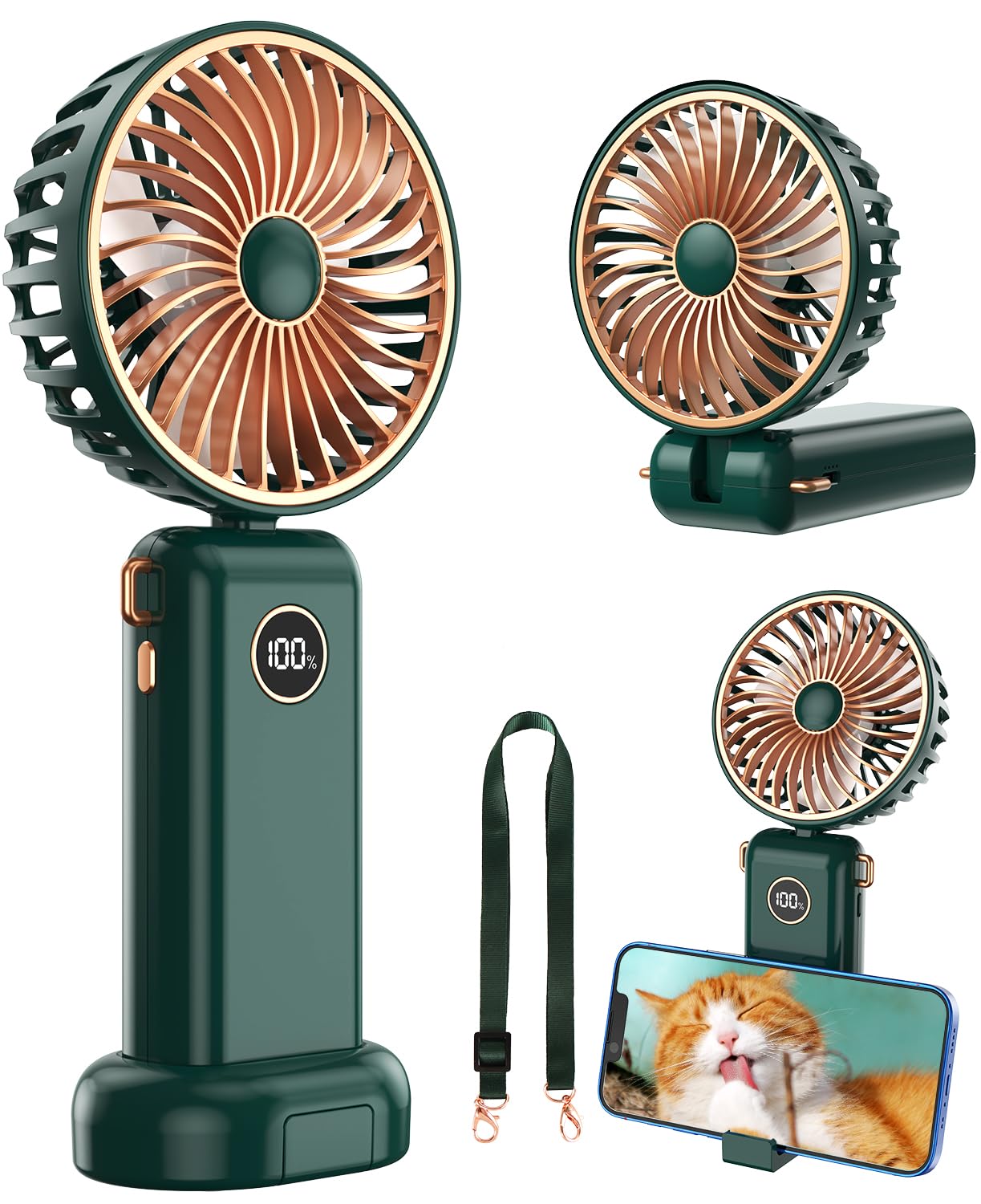 BSRANE Handheld Fan, 5 Speeds Powerful Portable Fan, Rechargeable Hand Held Fan Folding with Lanyard and Base, Personal Mini Fan for Home, Office, Desktop, Traveling