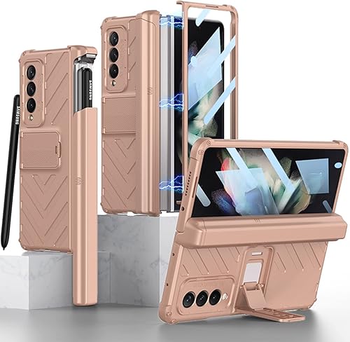 Miimall Funda compatible con Samsung Galaxy Z Fold 3 con protector de pantalla de vidrio templado, bisagra magnética+ranura para bolígrafo