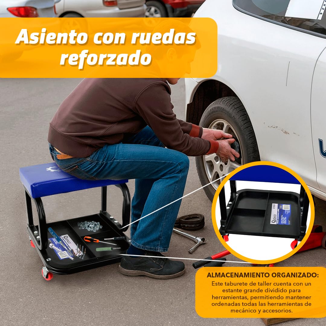 Taburete de Trabajo | Cuerpo de Acero Resistente, Asiento Acolchado, Carga Máxima 136Kg | Taburete con 4 Ruedas Giratorias 360° | Taburete de Taller Con Estante Dividido Para Herramientas