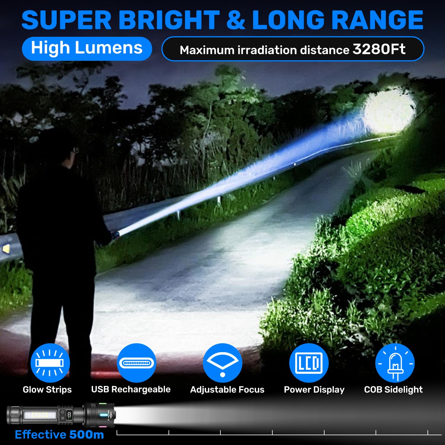 LEKIA Lampe Torches Ultra Puissante 100000LM, Rechargeables USB-C Lampe de Poche LED Simples Modes/7 Modes, Batterie 3000mAh Longue Durée 10 Heures, Idéales pour Camping, Randonnée, Lot de 2