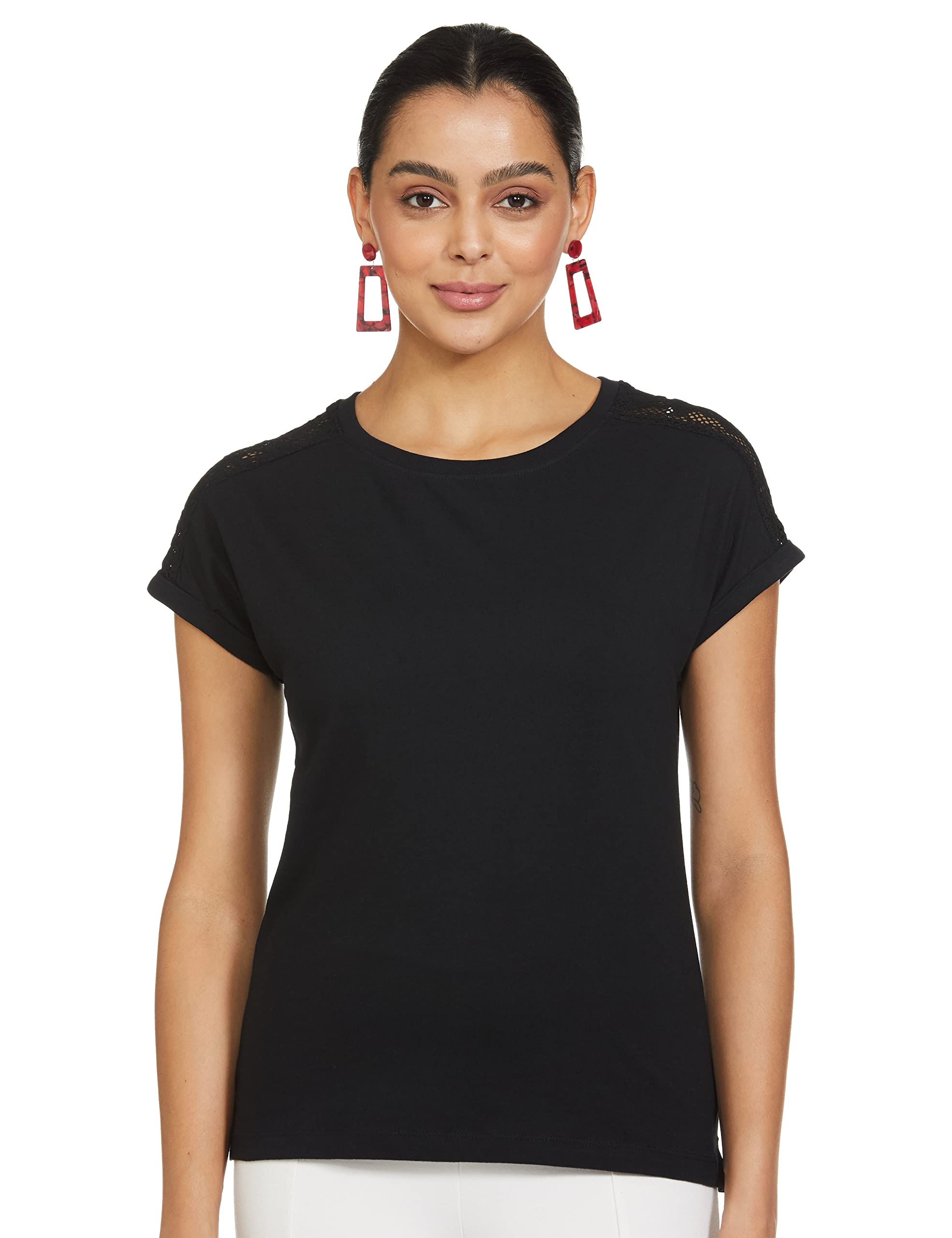 Regular Fit Women Lace Panel Extended Sleeve Top-image-21