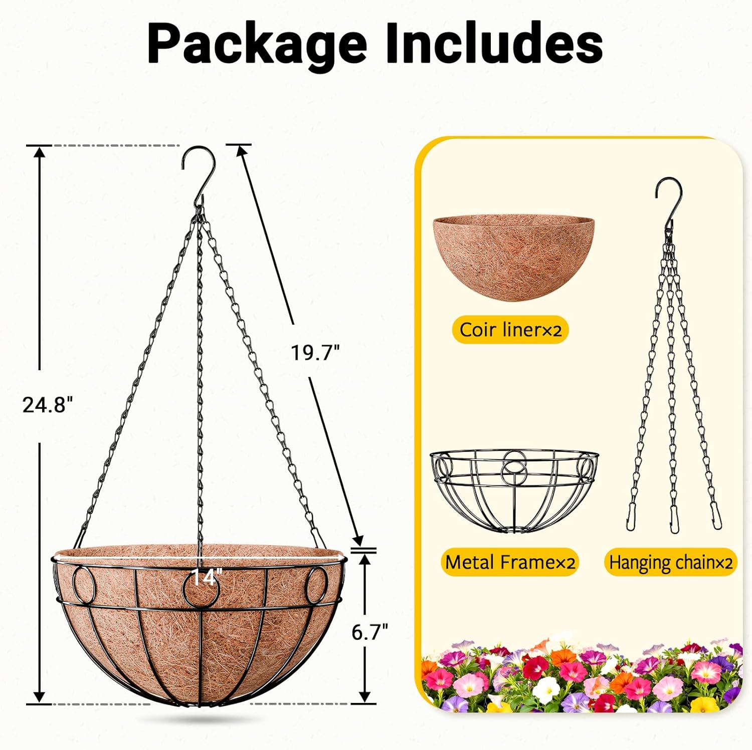 ZeeDix 2 Pack 14 Inch Metal Outdoor Plant Hanging Baskets, Round Wire Planter Basket with Coco Coir Liner, Large Hanging Flower Pots for Outdoor Garden Yard Patio Porch Balcony Decor