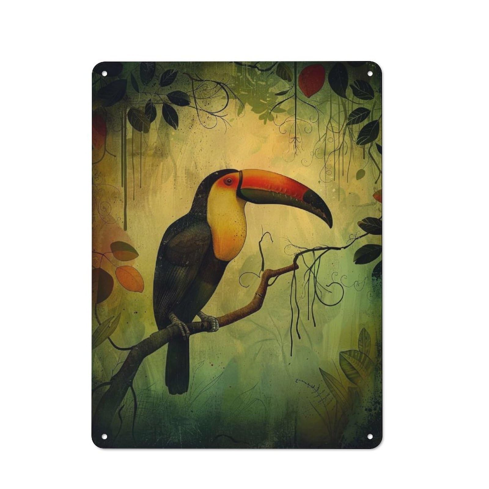 Shed Style Decorative Metal Plaque 40x30cm Featuring Jungle Toucan Perch, Porch Wall Decor for Patio Bar, Workshop, Shed Or Kitchen