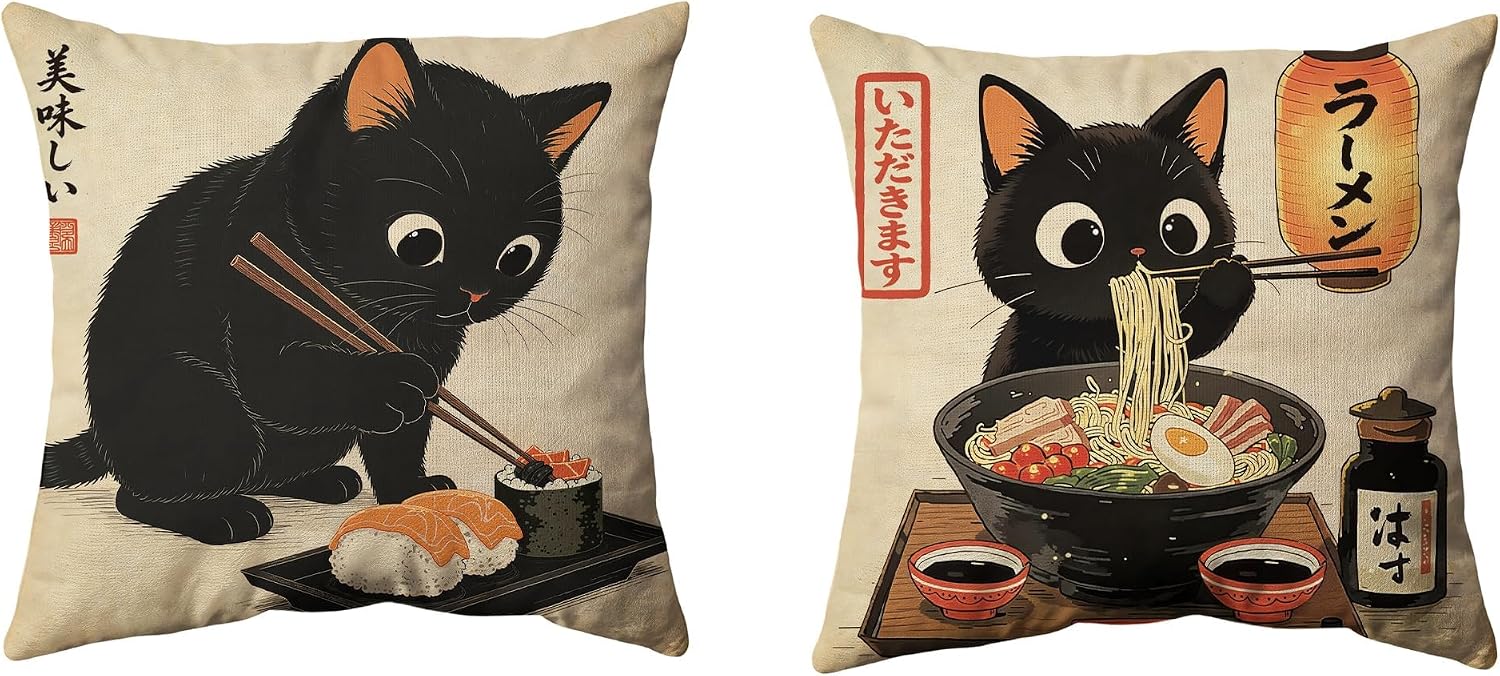 Cute Japanese Cat Pillow Covers Set of 2 Funny Fun Black Cat Anime Ramen Noodles Vintage Pillow Cushion Case 18Wx18L Inches Decorative Throw Pillow Cover for Living Room Sofa Bedroom Home Decor