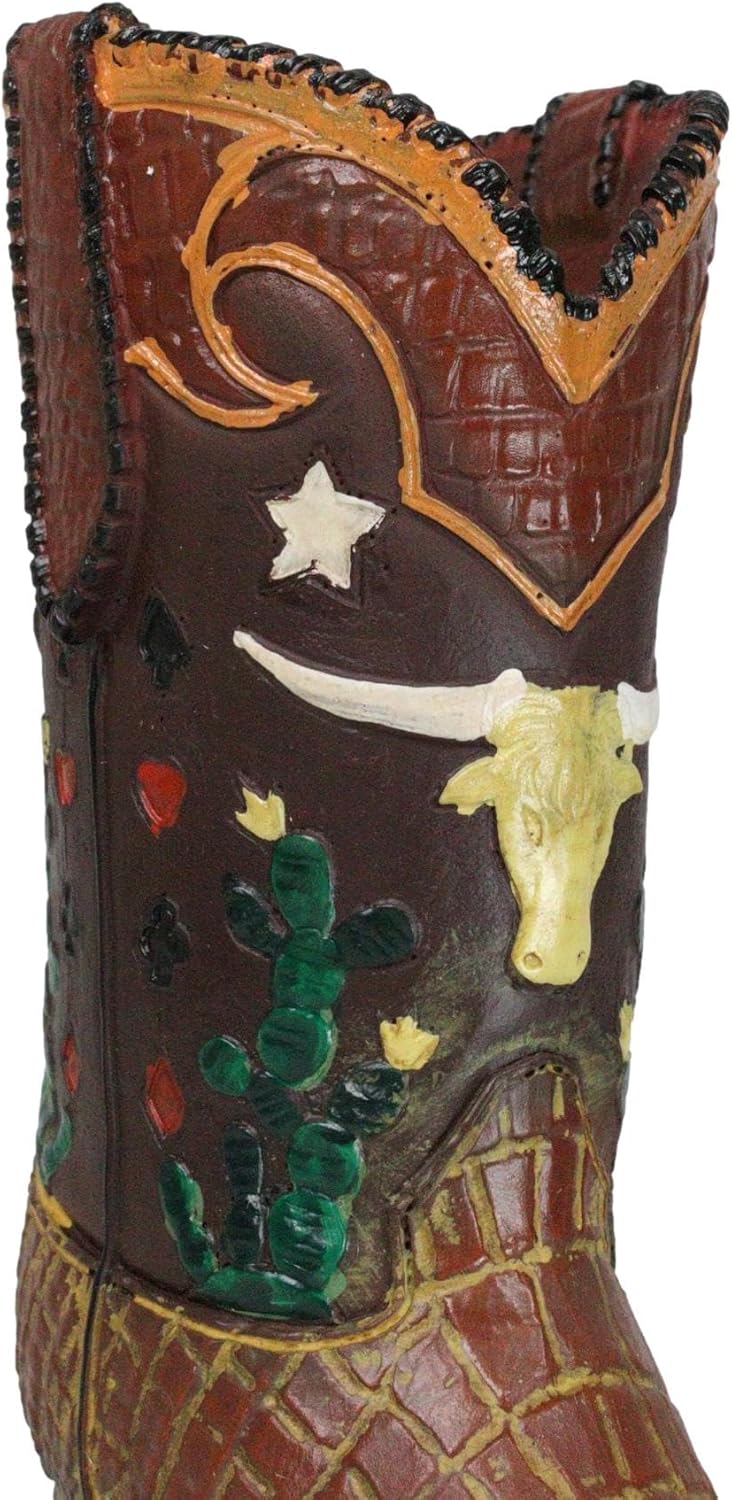 Ebros Gift Rustic Western Faux Tooled Leather Crocodile Prints Cowboy Cowgirl Boot with Texas Longhorn Cow and Western Stars Decorative Figurine Or Floral Vase Planter Table Countertop Accent