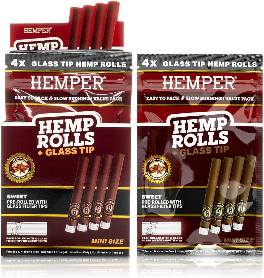 Hemper Pre-Rolled Mini Size Hemp Rolls with Reusable Glass Tips - 4PK | 12ct Display | Hand-Rolled, Natural Hemp Paper Rolls in Protective Case for Smooth, Clean Burn and Freshness - (Honey)