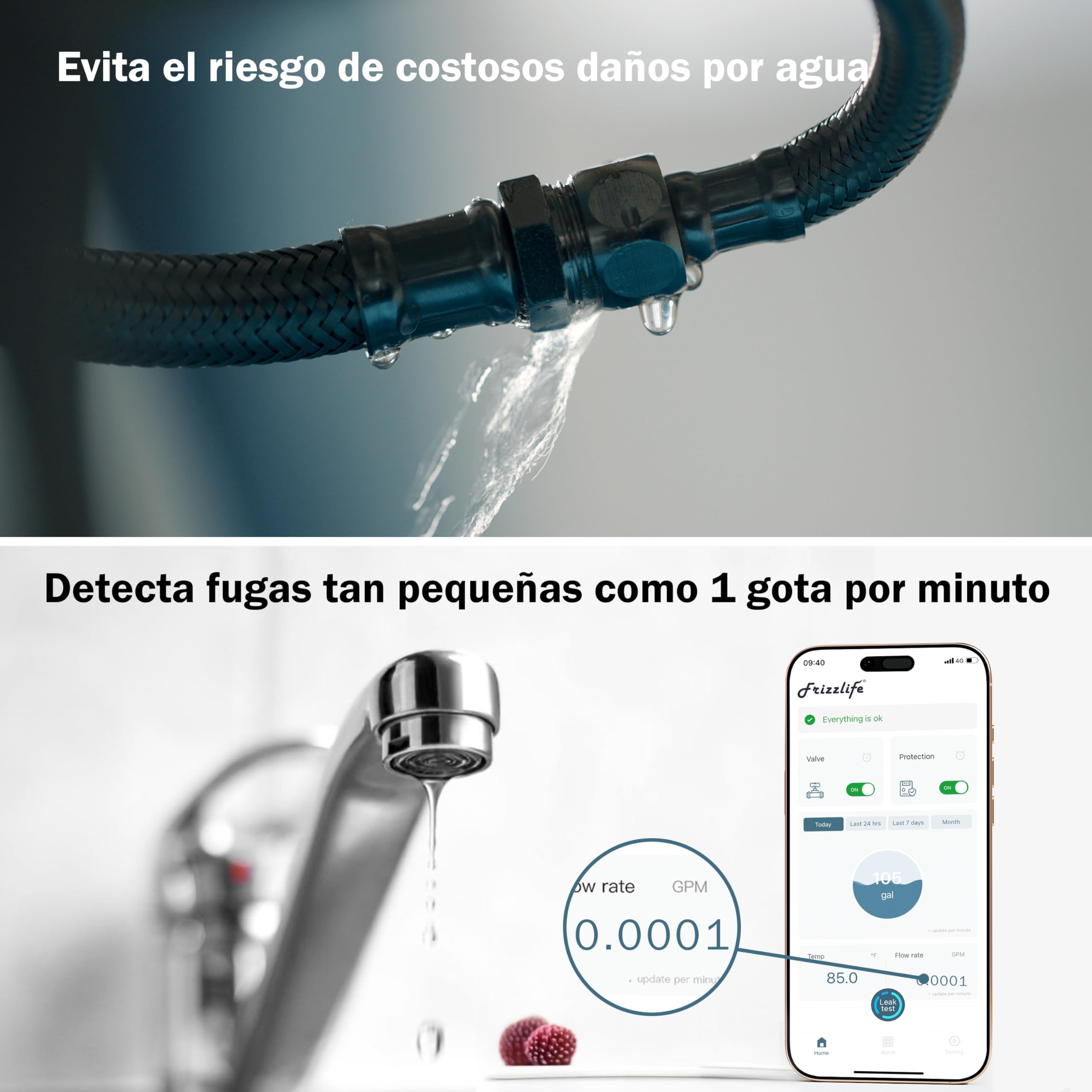 Frizzlife Monitor de agua LP365 con válvula de cierre automático | Detección ultrasónica de microfugas (0,01 GPM) | Aplicación WiFi | Alarmas de flujo y temperatura en tiempo real | Datos de consumo