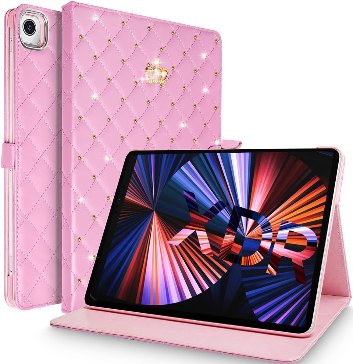 Changjia for iPad 10.2 Case 9th/8th/7th Generation (2021/2020/2019), Crown Bling Diamond Cute Elegant PU Leather Smart Auto Sleep/Wake Stand Shockproof Protective Case for Apple iPad 10.2 inch (Pink)